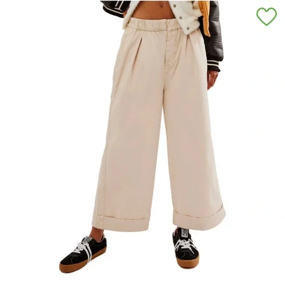 NWT $98 Free People After Love Roll Cuff Wide Leg Pants Sandshell Size Medium - Picture 1 of 13
